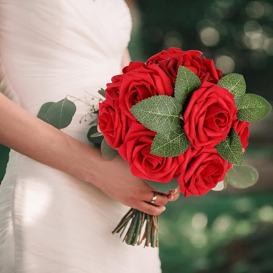 AmyHomie Artificial Flower Dark Red Rose 100pcs Real Looking Fake Roses w/Stem for DIY Wedding Bouquets Centerpieces Arrangements Party Baby Shower Valentines Day Christmas Tree Decorations
