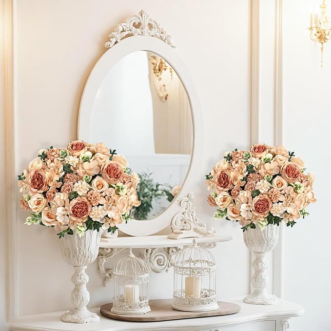 2 Bundles Champagne Peonies Artificial Flowers Silk Flower Centerpieces for Tables Fake Flower Arrangements Mixed Roses Hydrangea with Stems for Wedding Bridal Bouquets Home Table Decor