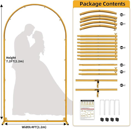 7.2 FT Wedding Arch Backdrop Stand, Gold Metal Arch Backdrop Stand for Wedding Party Ceremony Birthday Bridal Baby Shower Photo Booth Garden Floral Balloon Arches Decoration