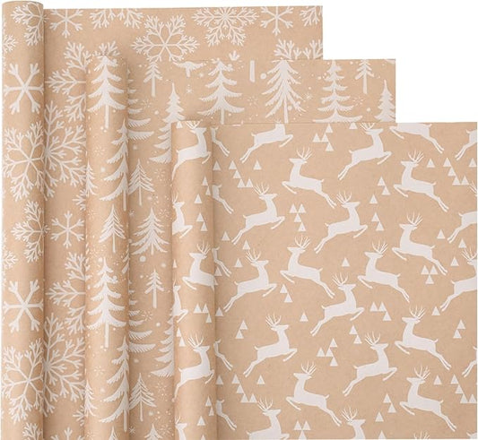 WRAPAHOLIC Kraft Christmas Wrapping Paper Roll - Mini Roll - 3 Rolls - 17 Inch X 120 Inch Per Roll - White Christmas Tree, Reindeer, Snowflake Holiday Collection