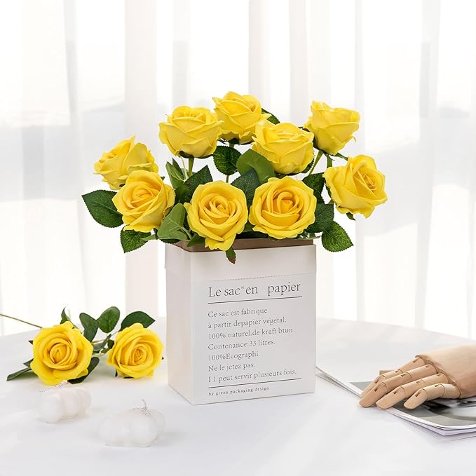Hawesome 12PCS Artificial Roses Silk Flowers Fake Roses Bouquet Long Stem for Home Wedding Decoration Party (Yellow)