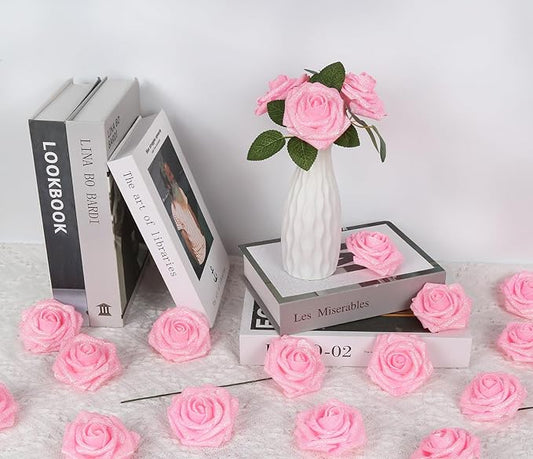 Glitter Roses 30PCS Pink Roses Artificial Flowers 3.15" Fake Roses with Stems for DIY Wreath Wedding Christmas Home Party Decor(Light Pink)