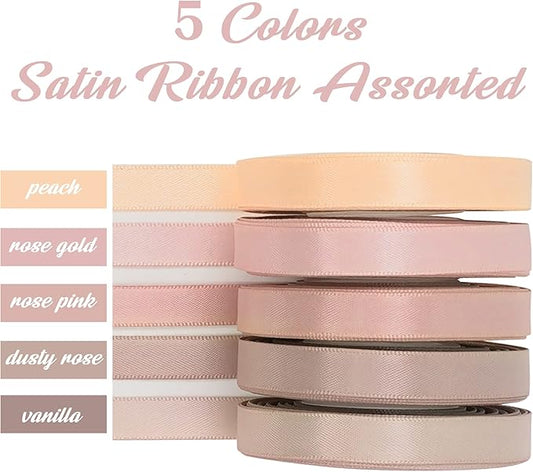 HUIHUANG Rose Pink Ribbon 3/8 inch Assorted Satin Hair Ribbons Dusty Rose Wedding Ribbon for Gift Wrapping Wedding Bridal Baby Shower Decor Floral Bouquet DIY Crafts- 50 Yards Totally