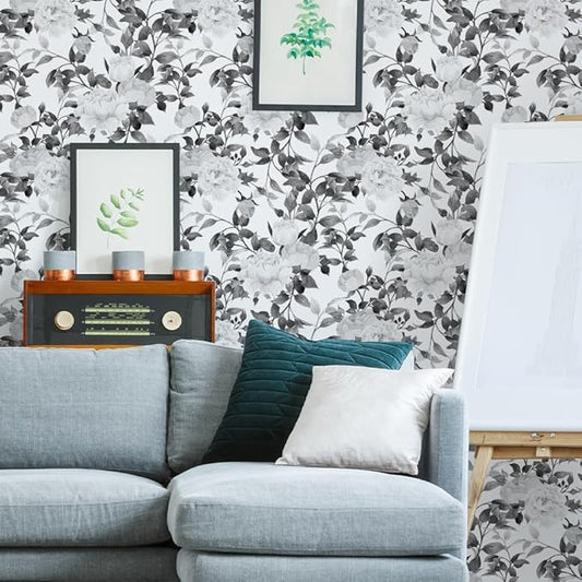 Floral Wallpaper Peel and Stick Black and White Wallpaper Self Adhesive Removable Vinyl Flower Contact Paper for Decorative Bedroom Home Wall (17.7"x236.2")