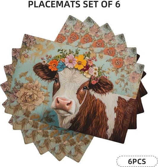 Farmhouse Cow Placemats Set of 6 Washable Table Mats Spring Cow Floral Heat-Resistant Cotton Linen Place Mats for Dining Table Kitchen Indoor Outdoor Party Holiday Decor