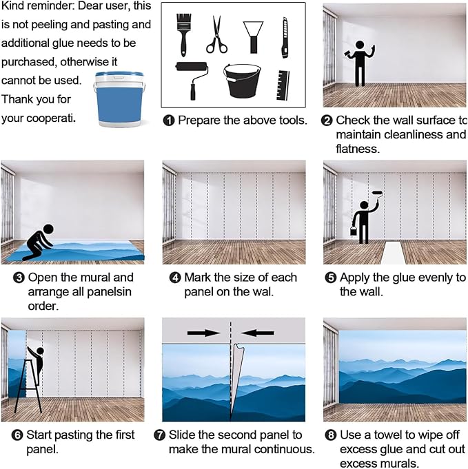 Minimalist Blues Mountain Wall Mural, Misty Layered Hills 3D Wall Murals, Serene Misty Mountains Wallpaper Mural, for Living Room Bedroom Large Wallpaper Indoor Decor 197" W x124.8 H