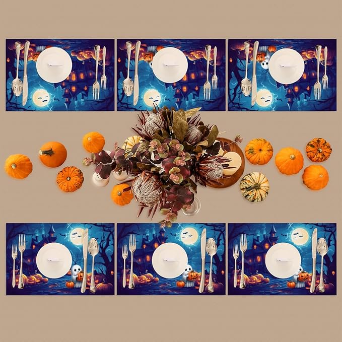 Halloween Cute Ghosts Pumpkin Placemats Set of 1 PVC Vinyl Non Slip Table Mats Heat Resistant Place Mats Washable Wipeable Dining Table Mat for Kitchen Decor Party Indoor Outdoor Decorative Gift