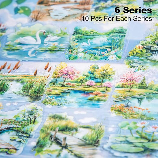 60Pcs Pond Scenery PET Stickers, Nature-Themed Scrapbooking Supplies for Journaling, DIY Crafts, Collage Decoration, and Card Making