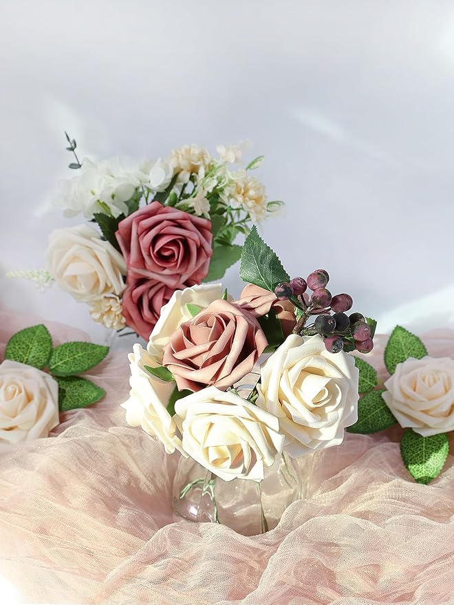 Meldel Artificial Flower Rose 50pcs Real Looking Champagne Fake Foam Roses with Stems for DIY Wedding Bouquets Gifts Bridal Shower Faux Floral Centerpieces Arrangements Home Party Tables Decorations
