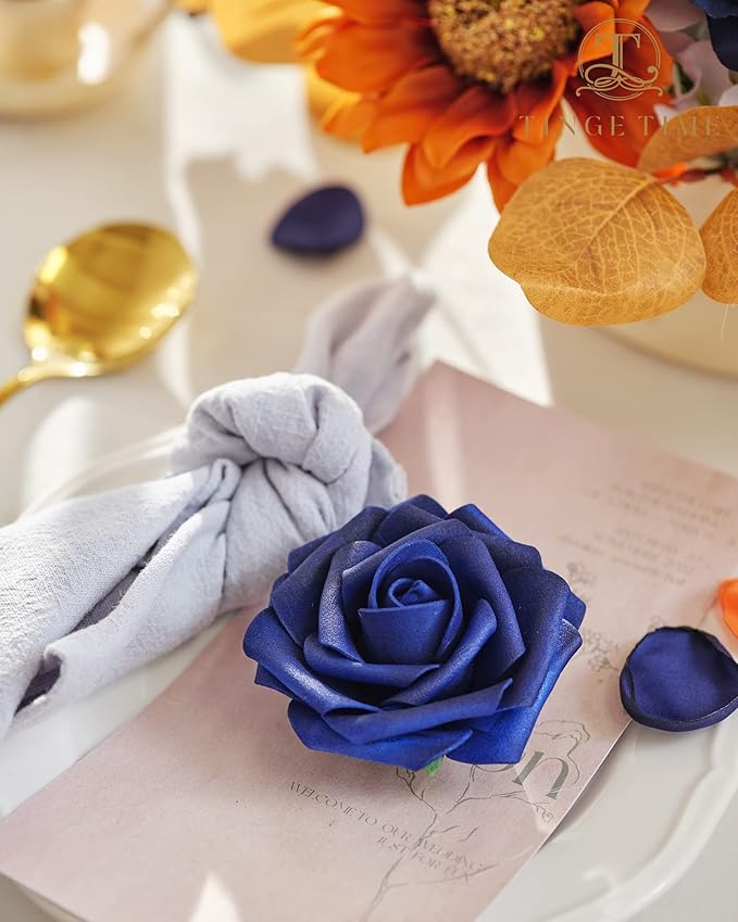 TINGE TIME Artificial Flowers Burnt Orange & Navy Blue Flower Combo for DIY Wedding Bouquets Table Centerpieces Arrangements Party Baby Shower Home Fall Decorations