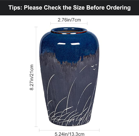 Black and Navy Blue Vase, 8 Inch Dark Blue Ceramic Vase for Flowers, Modern Decorative Vases for Home Decor, Coastal Living Room Decor, Navy Table Centerpiece