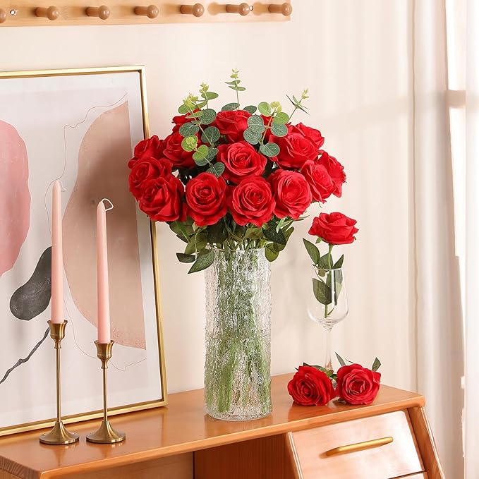Nubry 24pcs Artificial Silk Roses Bulk,Fake Roses Flower with Stems Realistic Flowers for Wedding Centerpiece Home Party Decor(Red)