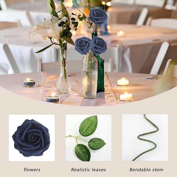Artificial Flowers Navy Blue Roses 50PCS Real Looking Foam Fake Roses with Leaves and for DIY Wedding Bouquets Bridal Shower Centerpieces Party Decorations (Navy Blue)