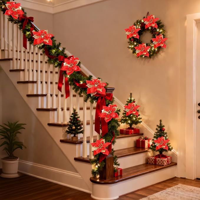 24 Pcs Christmas Poinsettia Flowers Artificial with Clips, 5.9" Christmas Decor Glitter Poinsettia Flowers for Christmas Tree New Year Wedding Party Wreath DIY Garland Decor (Red)