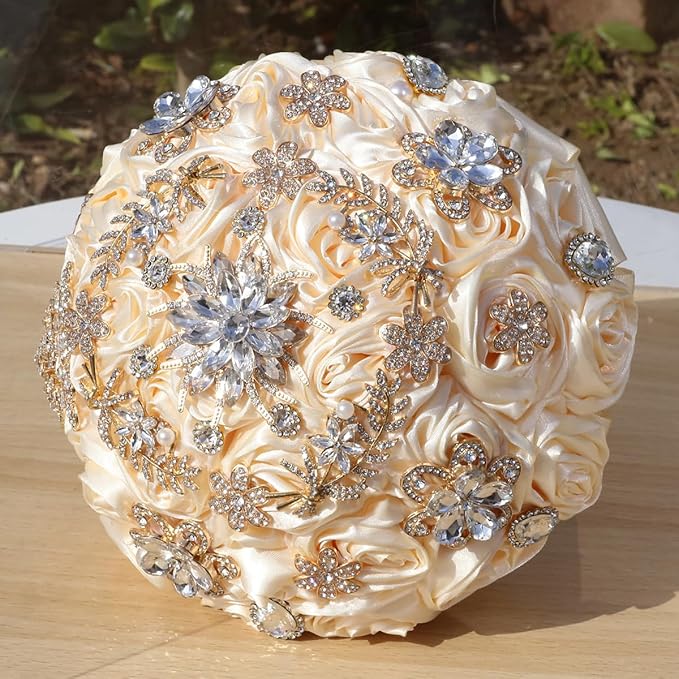 Handmade Satin Rose Floral Bling Pearl Decor Bridal Wedding Bouquet Rhinestone Pendant Artificial Brooch Flowers for Bride Bridesmaid Quinceanera