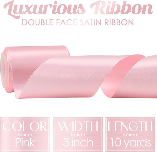 MEEDEE Pink Satin 3 Inch Ribbon Lux Double Faced Satin Ribbon by 10 Yards Pink Silk Ribbons Light Pink Wide Ribbons for Baby Shower, Christmas Tree Decoration, Flower Bouquet