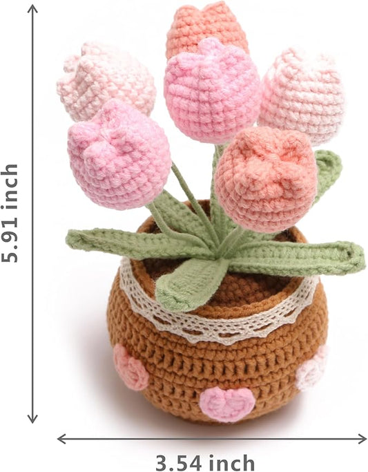 Crocheted Tulip Bouquets, Artificial Tulip Hand-Woven Flowers Suitable for Home, Office Decorations and Birthday Gifts for Family and Friends Anniversary (6 Flowers-Pink)