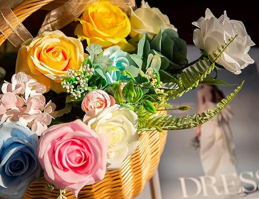 DuHouse 10pcs Fake Roses Artificial Silk Flowers Faux Rose Flower Long Stems Bouquet for Arrangement Wedding Centerpiece Party Home Kitchen Decor(Pure Yellow)