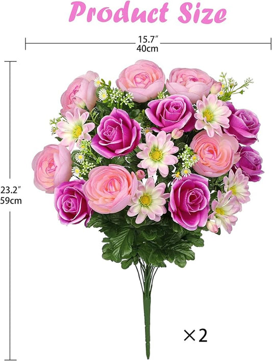 Hollyone Set of 2 Artificial Cemetery Flowers for Grave Memorial Flowers for Cemetery Outdoor Grave Decorations Silk Flower Arrangements Purple Rose Pink Ranunculus Gerbera Floral Flowers Bouquets