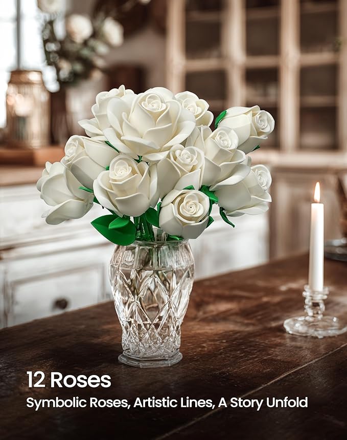 iATOM White Rose Bouquet Building Set, Wedding Artificial Flowers Botanical Collection for Adults Women, Gift for Christmas & Valentines Day - Home Office Table Centerpiece Decor - IA11013