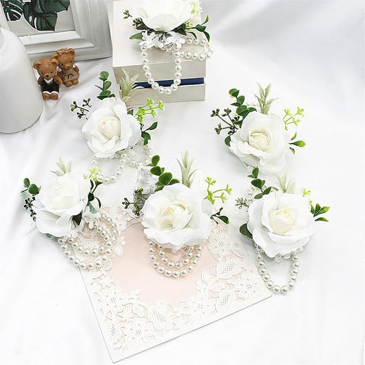 Meldel White Ivory Rose Wrist Corsage Boutonniere for Men Wedding Wrist Flower Corsage Hand Flower for Bride Bridesmaid Prom Decor Paty Girl