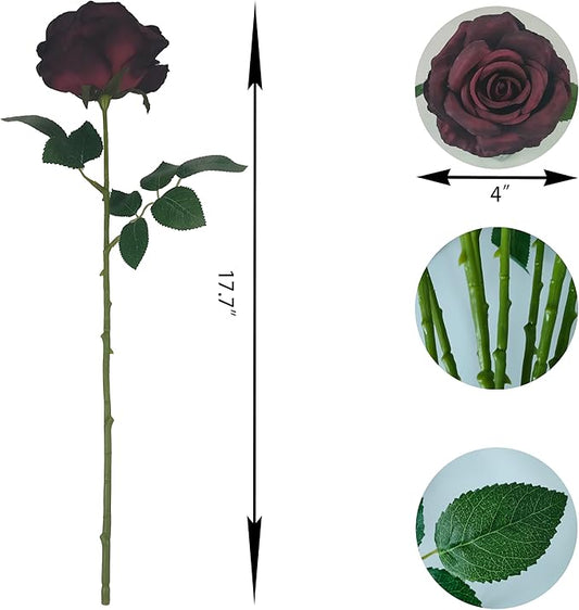 ATFL Burgundy Roses,12 Pcs Burgundy Artificial Flowers,Flower Diameter 4'',Autumn Silk Floral Fake Roses with Stems for Wedding Arrangement Centerpieces Party Home Table Decorations