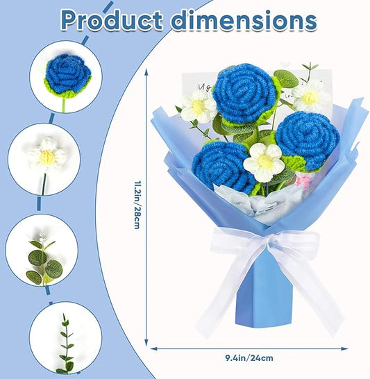 Crochet Rose Bouquet Crochet Flowers Bouquet Handmade Knitted Rose Flowers Present for Valentine's Day Wedding Anniversary Christmas New Year(Medium-Blue Rose)