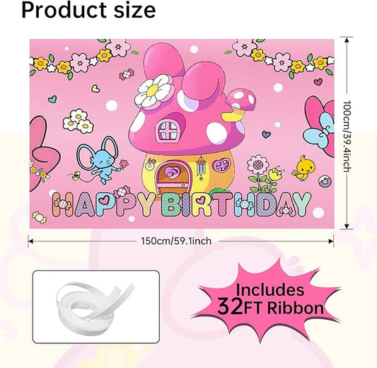 3x5ft Cartoon Pink Birthday Backdrop, Happy Birthday Decoration Background, Cute Cartoon Rabbit Theme Party Supplies Outdoor Indoor Photo Banner