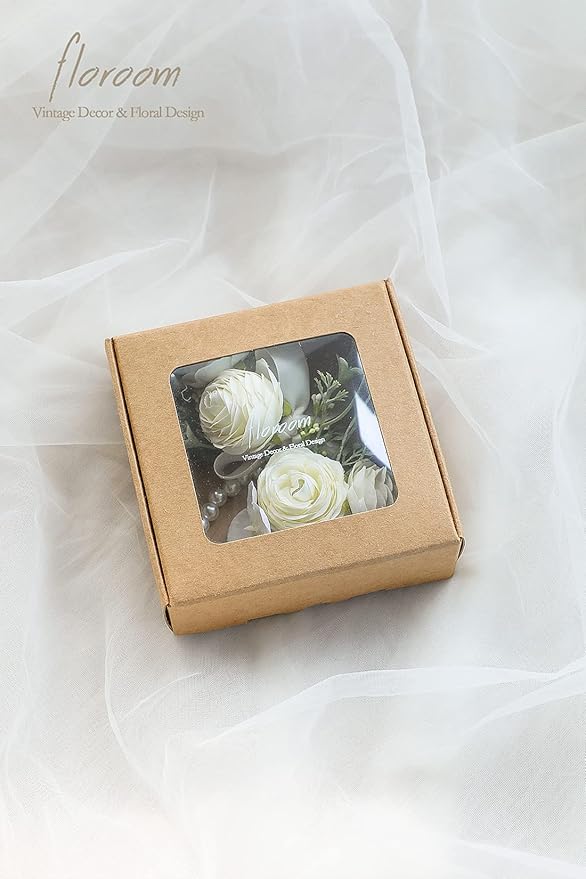 Floroom Ivory Ranunculus Peony Wrist Corsage Wristlet Band Bracelet and Men Boutonniere Set for White Wedding Flower Accessories Prom Suit Decorations