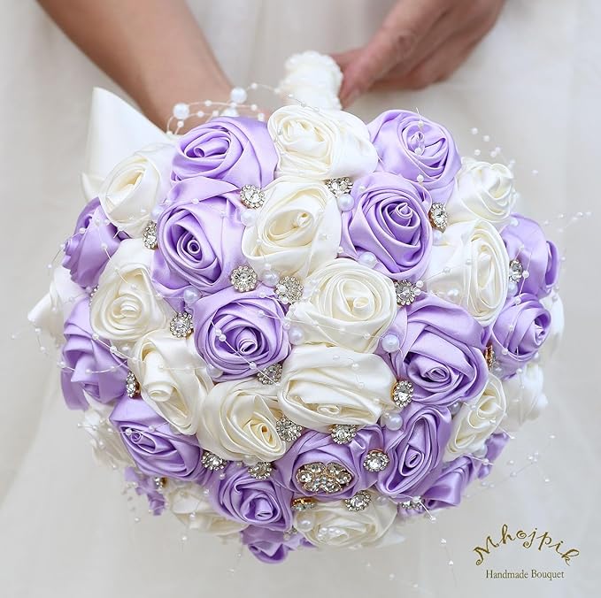 Bridal Wedding Bouquet Round Bling Brooch Bouquet Throw Toss Artificial Rose Flower Bunch for Bride Bridesmaid Wedding Quinceanera(Light Purple & Ivory, 8.7")