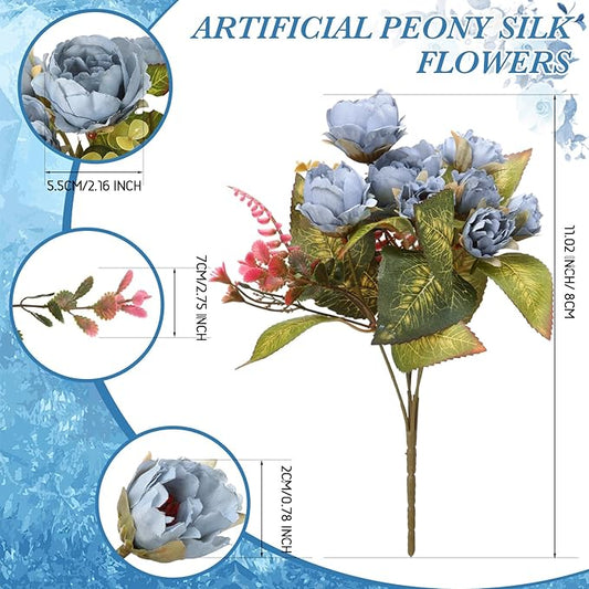 Geosar 8 Bundles Artificial Peonies Flowers Fake Silk Peony Bouquet Faux Peonies Flowers Bulk for Decoration Vase Floral Arrangements Wedding Party Table (Blue)