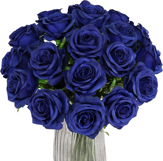Blue Fake Roses Artificial Flowers - 10 Pcs Fake Artificial Roses Silk Flowers with Stems for Home Wedding Hotel Office Centerpiece Decor(Navy Blue)