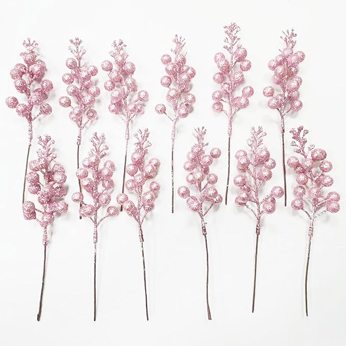 24 Pack Christmas Glitter Berries Stems Clearance, 8.66 Inch Artificial Berries Christmas Picks for Christma Tree Ornaments, DIY Xmas Wreath, Crafts, Holiday and Home Decor, Pink