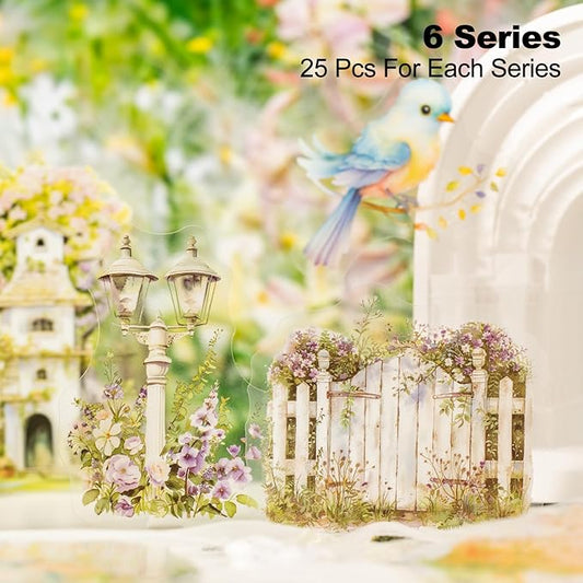 150Pcs Garden Theme PET Sticker Set, Floral Landscape Scrapbook Supplies for Journaling, Junk Journal, DIY Crafts, and Decorative Projects