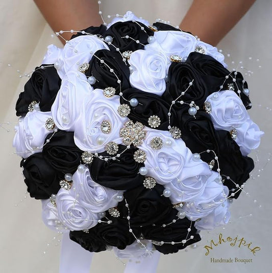 Bridal Wedding Bouquet Round Bling Brooch Bouquet Throw Toss Artificial Rose Flower Bunch for Bride Bridesmaid Wedding Quinceanera(White & Black, 8.7")