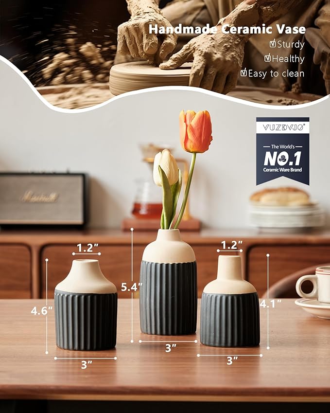 Black Decorative Vase Set of 3 - Modern Boho Style Ribbed Ceramic Bud Vases for Flowers, Mini Small Vases for Shelf, Shelves, Bookshelf, Entryway Table & Home Decor Aesthetic(Black)