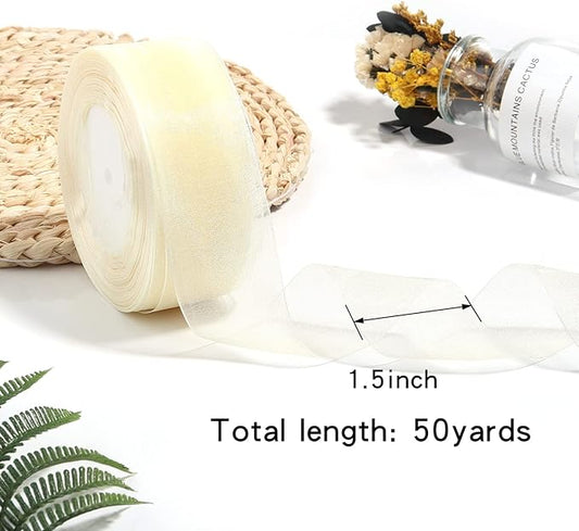 1.5 inch Sheer Organza Ribbon Ivory Chiffon Ribbon for Gift Wrapping Christmas Halloween Decoration Wedding Bouquet Crafts 50 Yards