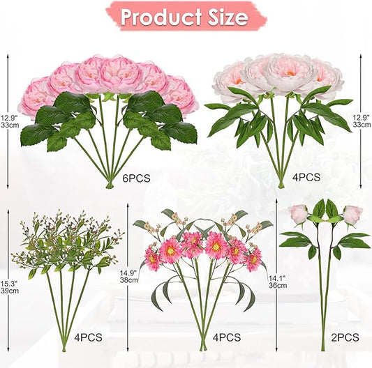 Hot Pink Flowers Artificial Peonies Silk Flowers with Stems 20PCS Realistic Fake Peony Daisies Long Faux Flowers for Vase Floral Centerpiece Arrangements Wedding DIY Bridal Bouquet Party Home Decor