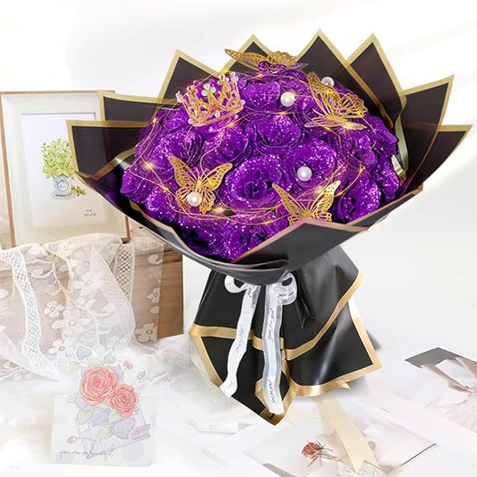 Purple Glitter Roses Bouquet, 24 Pcs Shiny Glitter Flowers Bouquet, Everlasting DIY Artificial Roses Bouquet for Christmas, Birthday, Anniversary, Wedding, Engagement,Mothers Day,Gifts
