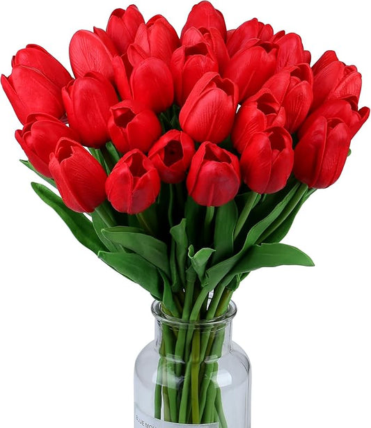 SITUMEIZI 15pcs Red Fake Tulips Artificial Flowers Real Touch Red 14" Silk Flower for Home Kitchen Decor Spring Easter Wedding Bouquet Decorations Office Valentine's Day Gifts
