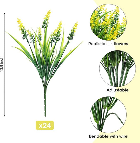 Ouddy Decor 24 Bundles Artificial Flowers for Outdoors, Fake Lavender Flowers Monkey Grass Faux Plastic Plants Shrubs UV Resistant for Porch Garden Window Box Office Home Decorations, Yellow