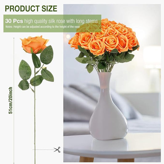 30 Pcs Rose Artificial Flowers in Bulk Real Touch Long Stem Silk Roses Bouquets Realistic Faux Flowers for Wedding Bridal Shower Home Decor Floral Arrangements Table Centerpiece(Orange)