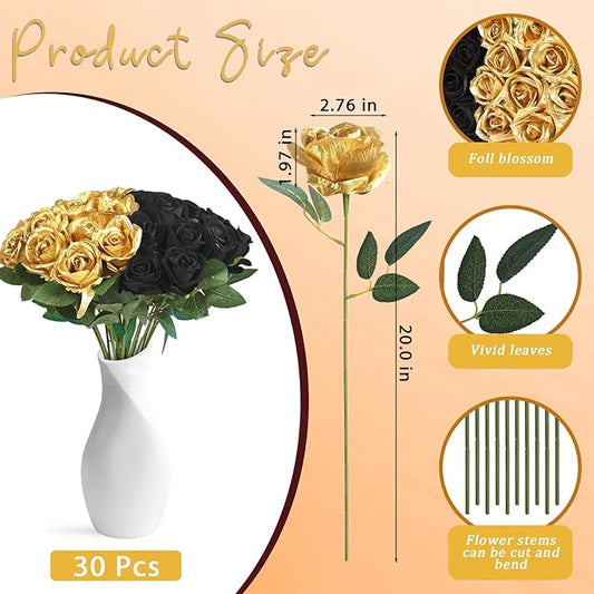 30pcs Fake Roses Artificial Silk Flowers Long Stems Bouquet for Wedding Bridal Shower Party Home Decoration (Black + Gold)