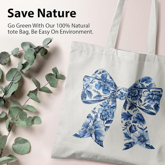 Blue and White Chinoiserie Prints Canvas Tote Bag for Women, Reusable Folding Shopping Bags with Handles