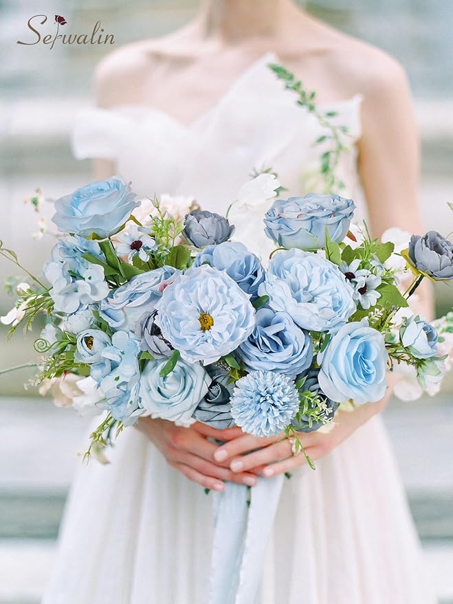 Serwalin Artificial Flowers,Blue Silk Fake Flowers Box for DIY Wedding Bridal Bouquet, Wedding Cake Flowers for Table Centerpieces Birthday Party Bridal Shower Home Decorations