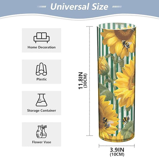Flower Vase Clear Plastic Cylinder Vases Decor for Centerpieces Home Storage Office Weddings Green Striped Sunflowers and Honey Bees 11.8 x 3.9 in