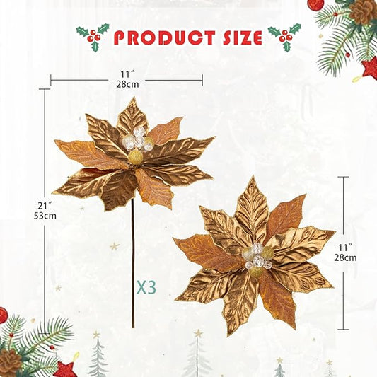 Hollyone 3PCS Poinsettia Christmas Flowers Artificial 11" Large Bronze Glitter Poinsettia Flowers Christmas Tree Ornaments Floral Picks for Tree Wreath Garland Vase Table Centerpiece Home Decor