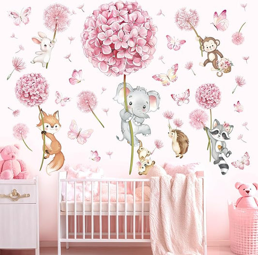 decalmile Animal Flower Pink Dandelion Wall Stickers Forest Animals Elephant Fox Monkey Wall Decals Baby Nursery Girls Bedroom Kids Room Wall Decor