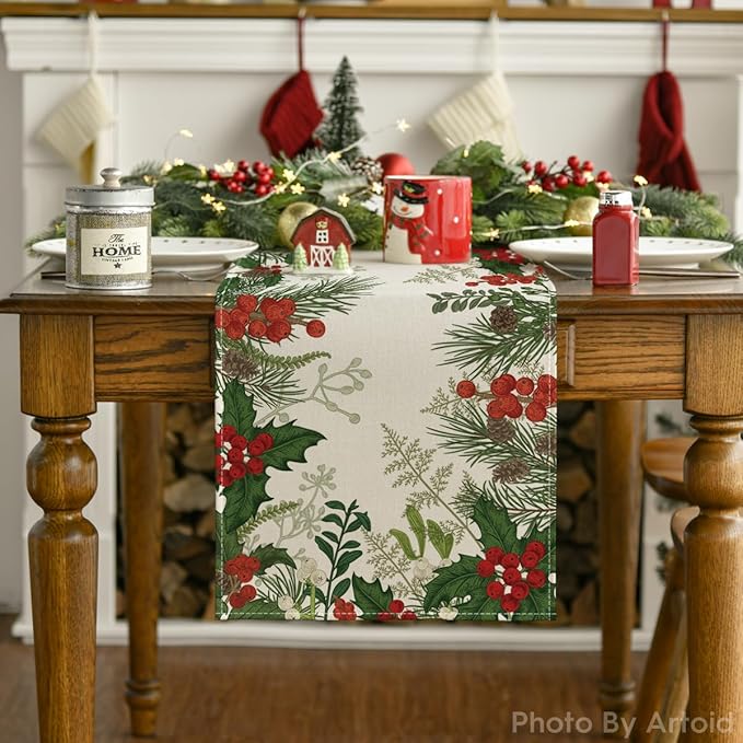 Artoid Mode Holly Pine Cone Christmas Table Runner, Seasonal Winter Kitchen Dining Table Decoration for Home Party Decor 13x36 Inch