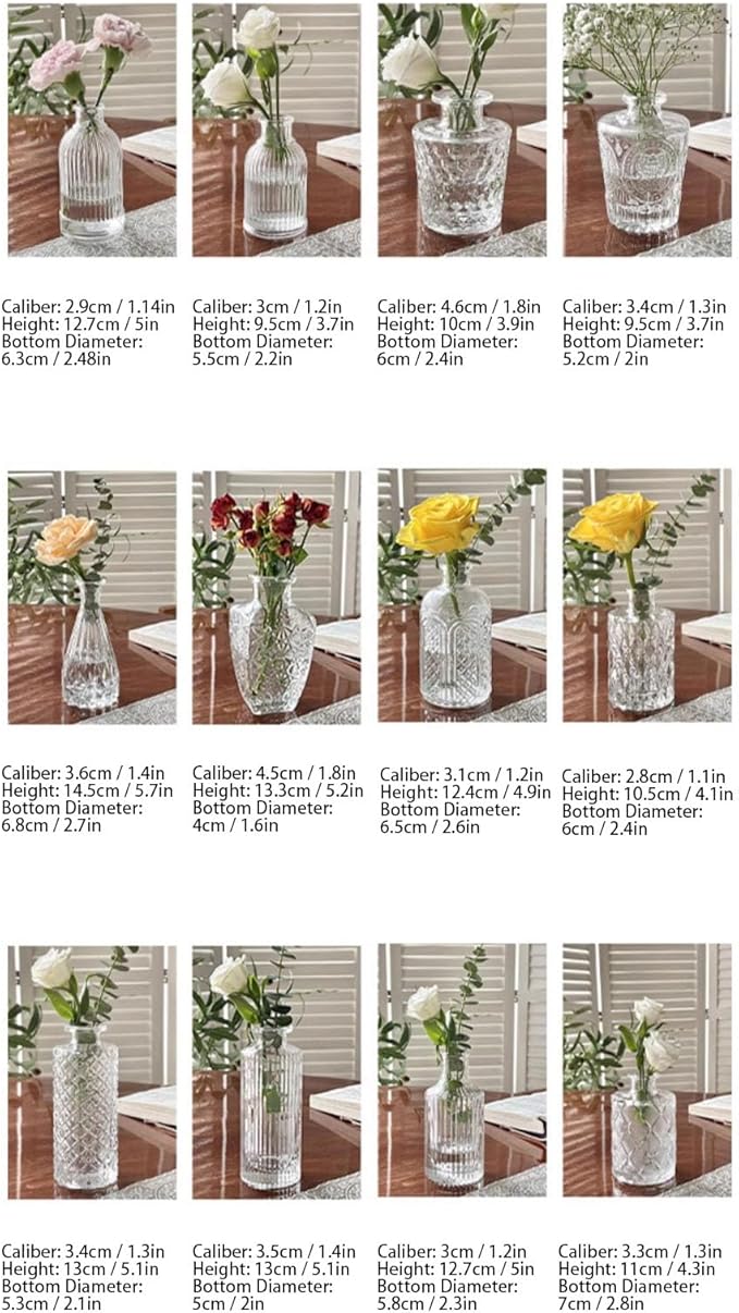 Glass Bud Vases, Set of 36 Thick Sturdy Crystal Clear Vases in Multiple Sizes and Shapes with Delicate Glossy Texture, for Wedding Home Decor Table Centerpieces Floral